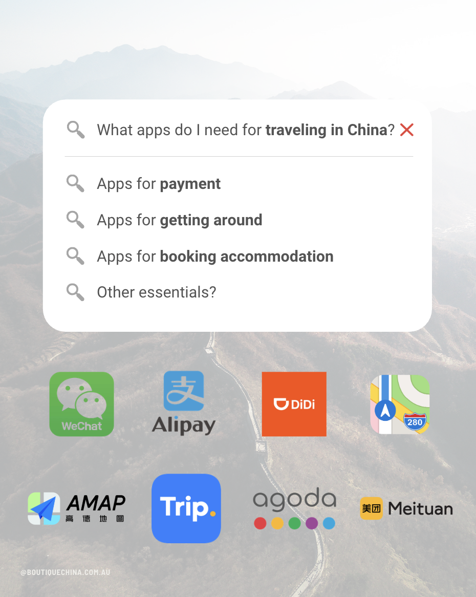All essential apps for travelling in china like a pro in 2026 including WeChat, Alipay, Didi, Amap, Alipay, Meituan, Apple Map and Agoda