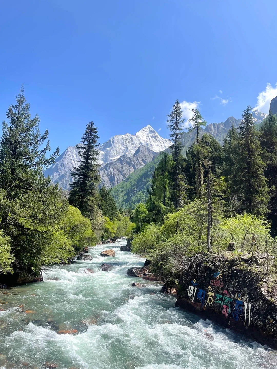 Rushing River and Snow-Capped Peak A vibrant landscape featuring a fast-flowing glacial river in the