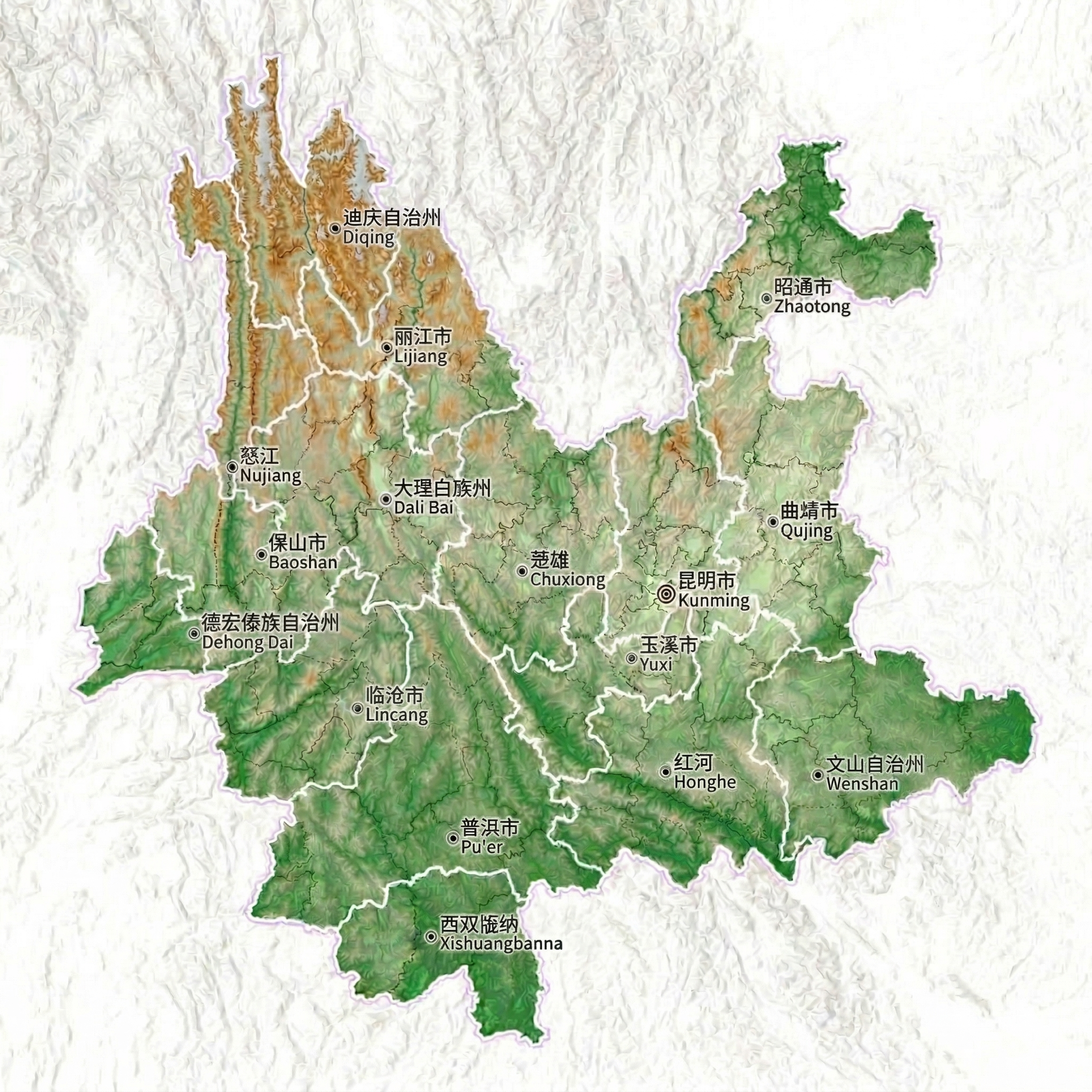 Yunnan map with both english and Chinese of major cities and showing the altitude