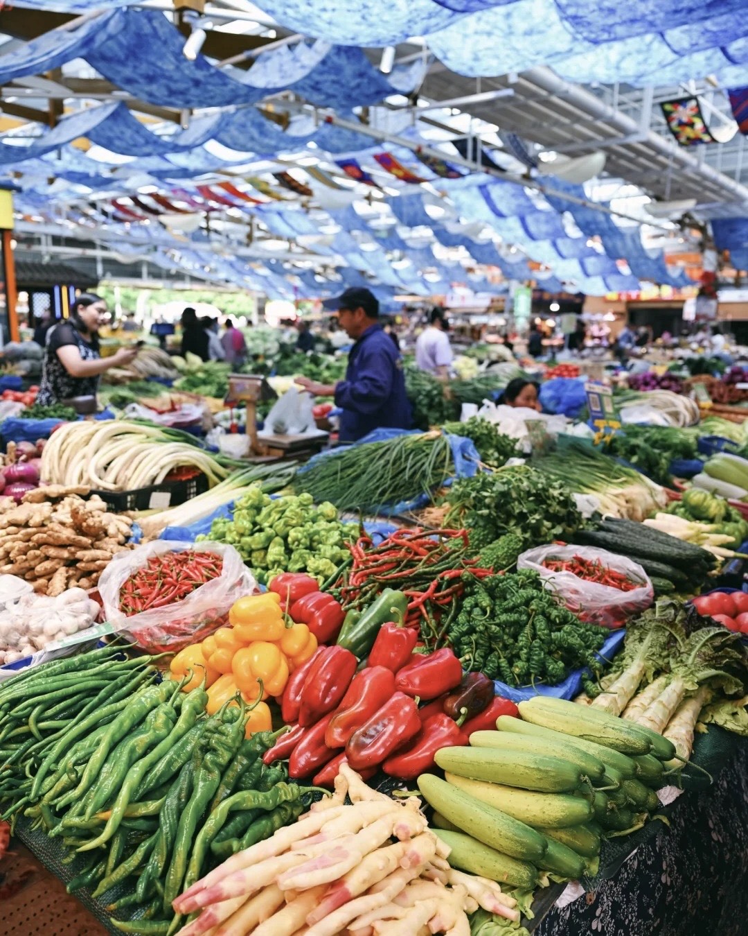 Yunnan produce market stalls piled with chillies, peppers and greens under blue fabric canopies, vendors behind