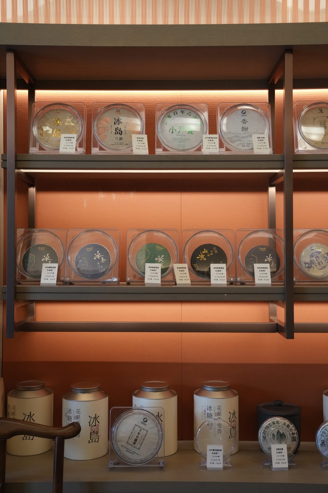 A lit display case of Bingdao (冰岛) Pu'er tea cakes with tasting labels