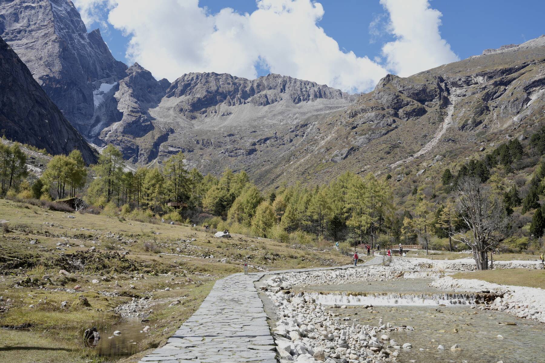 Stone path through Bipeng alpine meadow with snow peak on the horizon