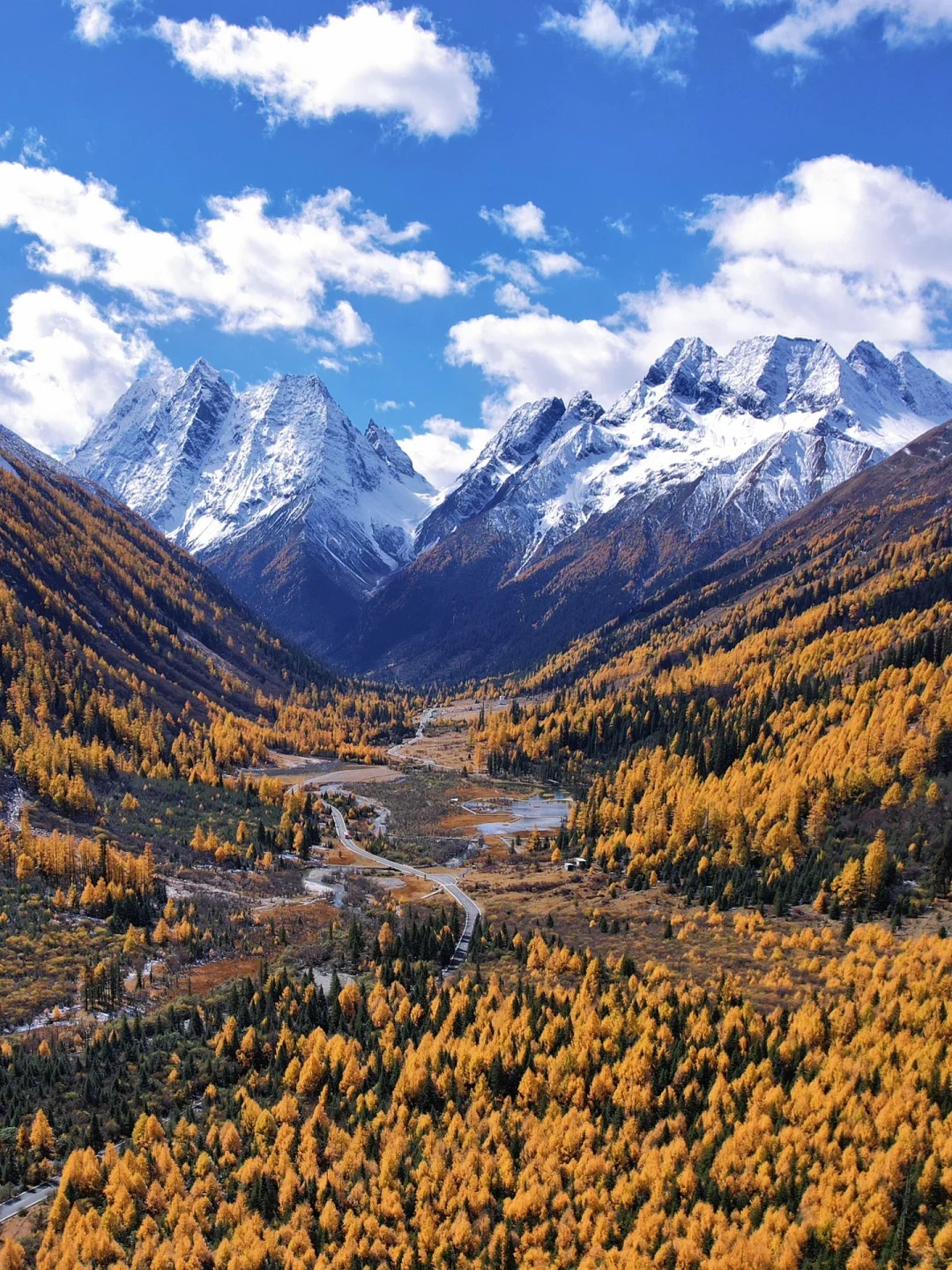 Siguniang's 'oil painting' autumn palette — larch, meadow, and layered ridges