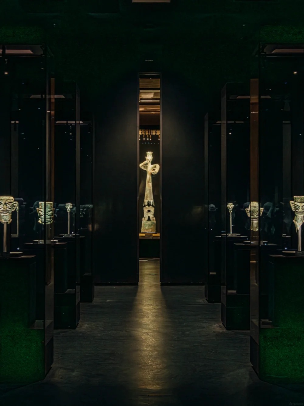 Sanxingdui Museum interior — the new 2023 building staging the artefacts in dramatic museum light