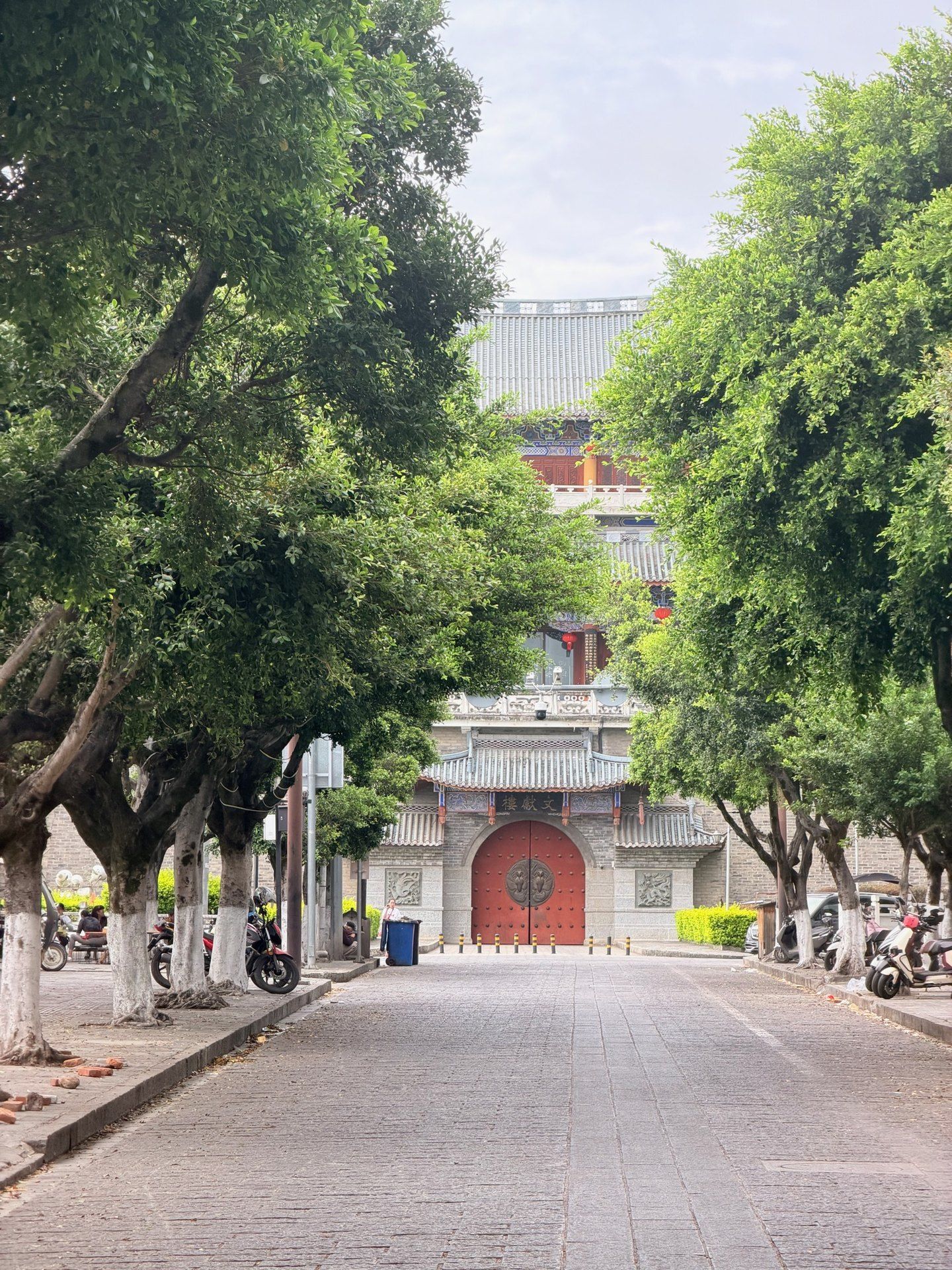 A tree-tunnel street leading to a red gateway in Dali Old Town