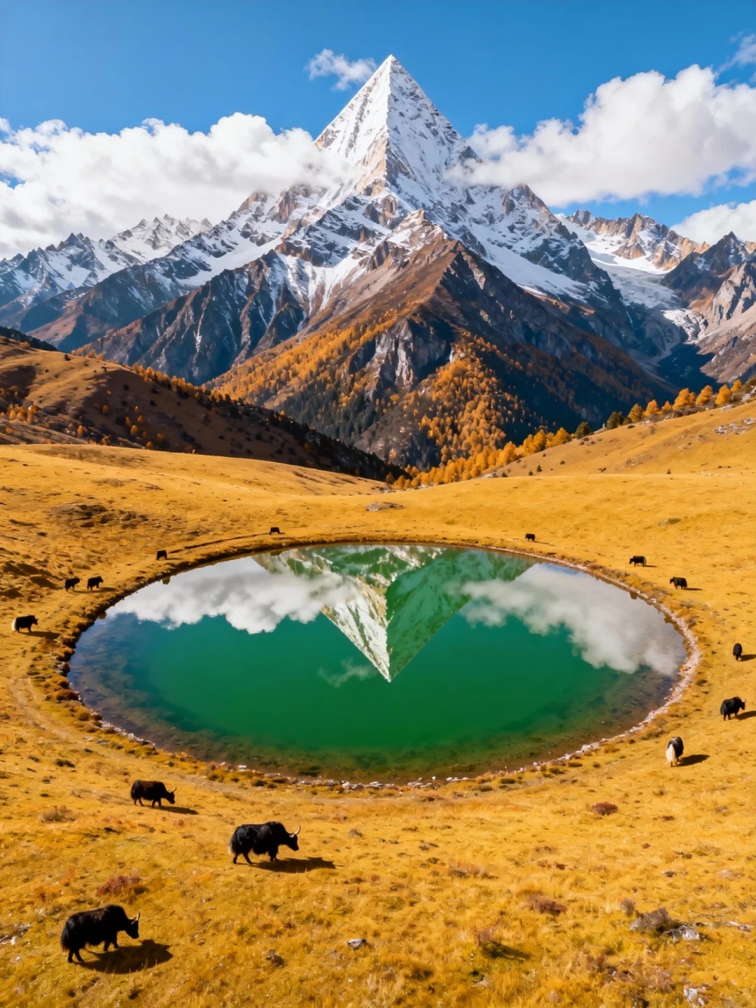 The Eye of Genie — snow peak mirrored in the teardrop meadow pool, yaks grazing around