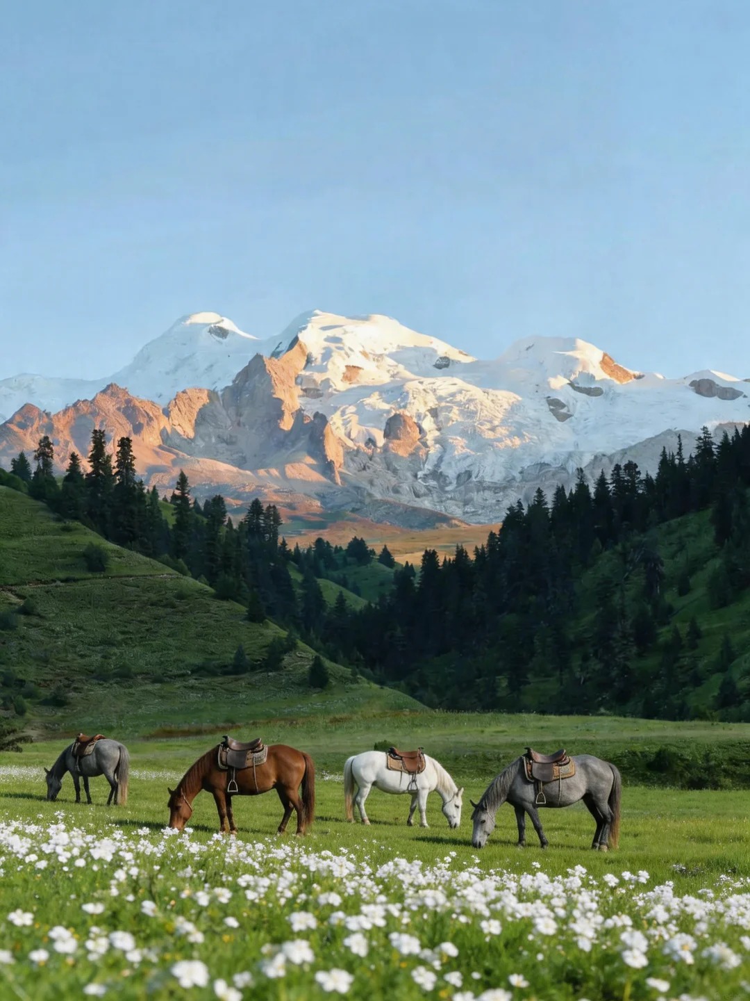 Khampa horses grazing in alpine meadow with Genie Sacred Mountain snow ridge behind
