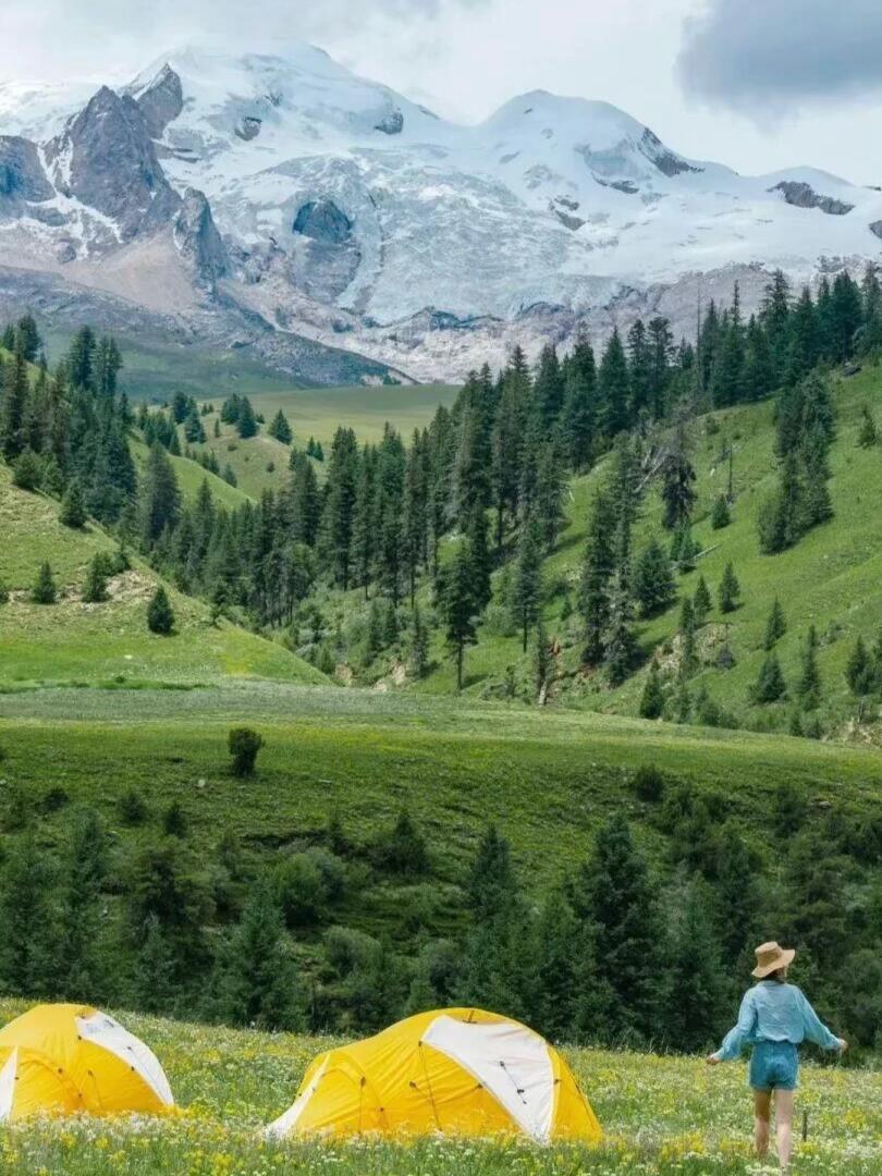 Yellow expedition tents camped below a glacier, snow-fed streams running through