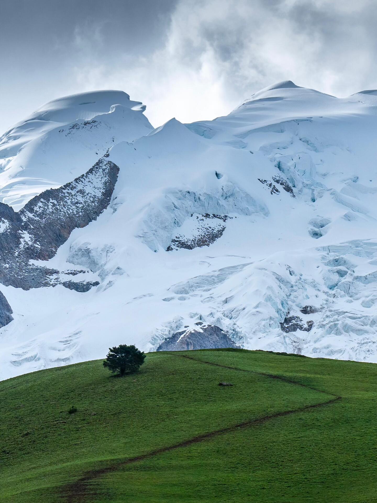 Tight frame of glacier meeting rock wall — jagged blue ice above green pasture