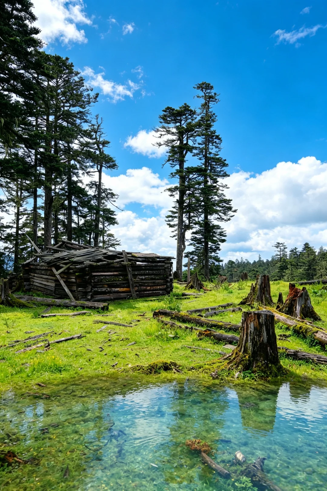Old herders' hut in the upper meadow — a Day 1 rest point on the way up