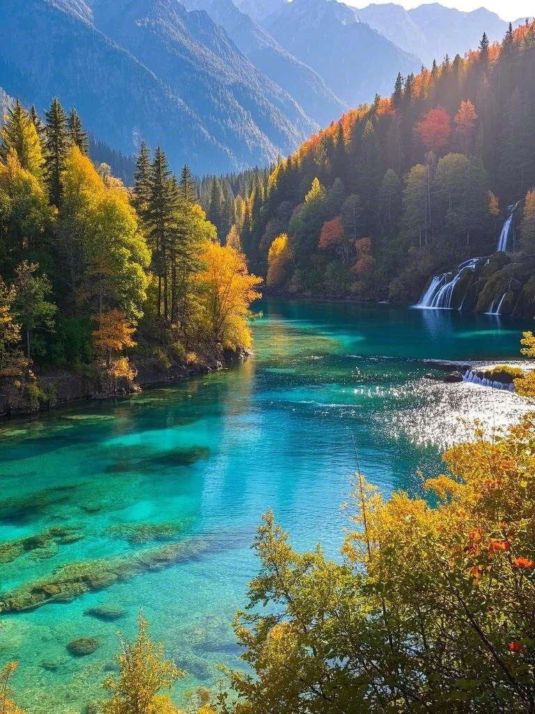 Autumn forest and lake in Jiuzhai Valley — fiery reds and yellows against the signature turquoise water