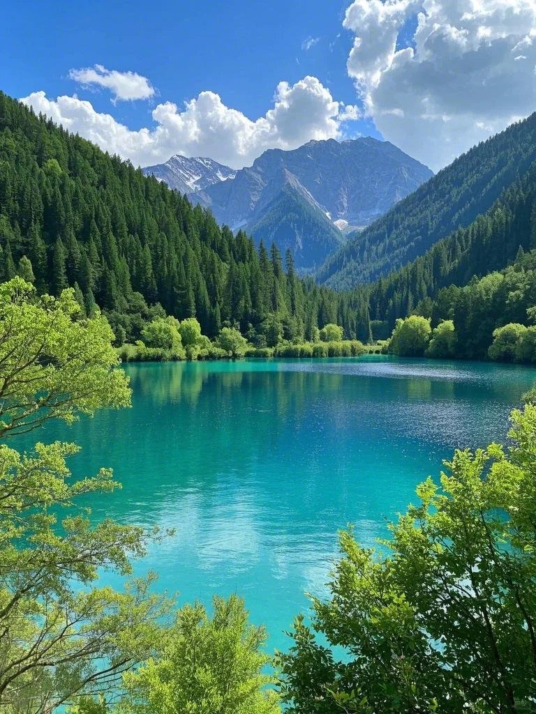 Crystal-clear turquoise lake in Jiuzhai Valley's lower valley, snow-capped peaks at the valley head in summer