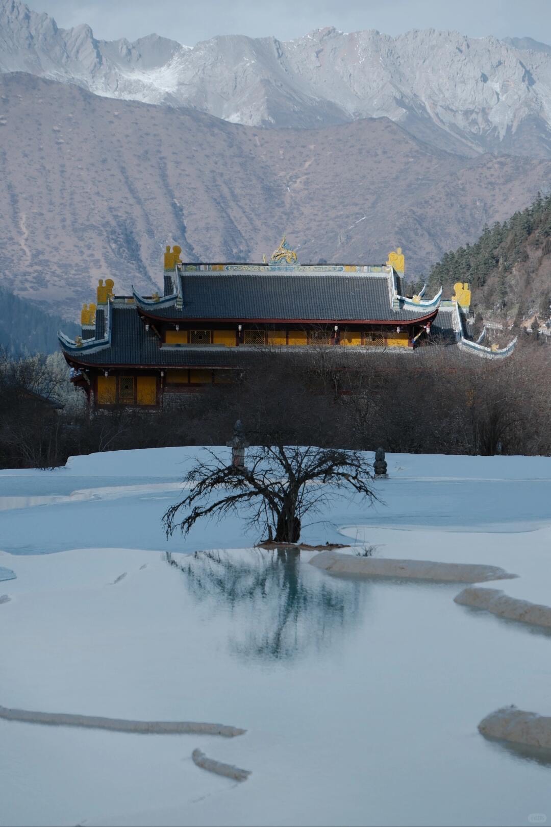 Huanglong in winter — frozen terraces and a Tibetan Buddhist temple pavilion above the snow-covered pool field