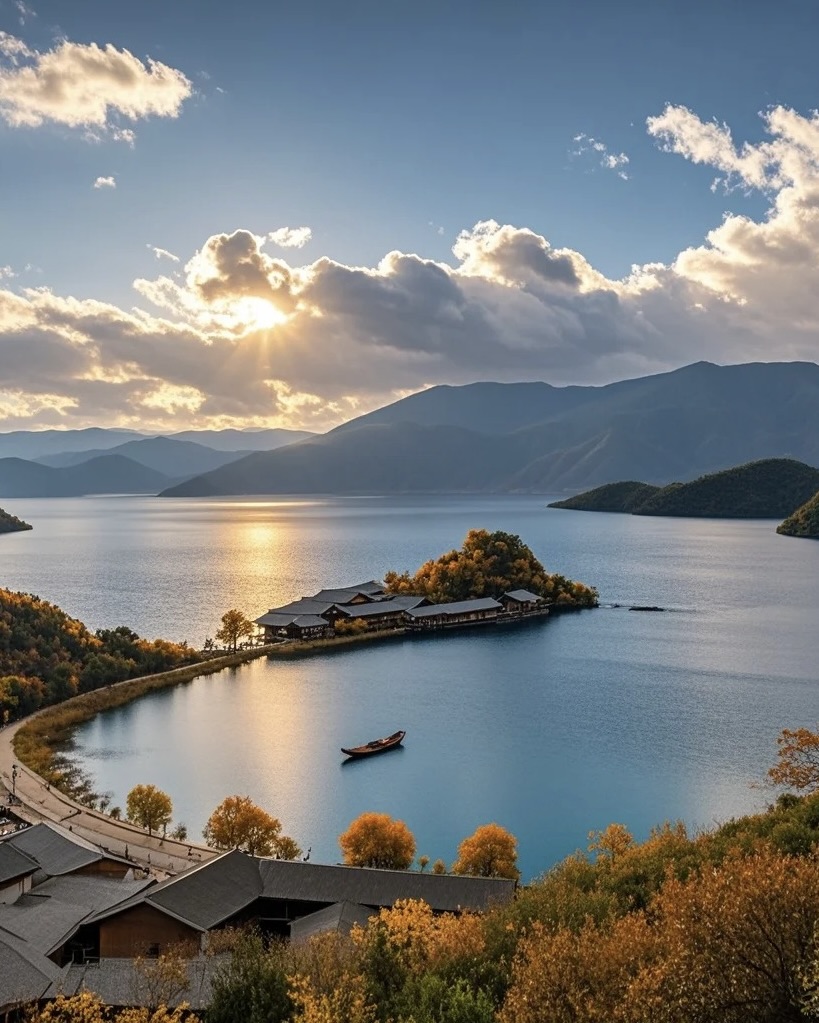 Autumn morning on Lugu Lake — the still water and surrounding hills