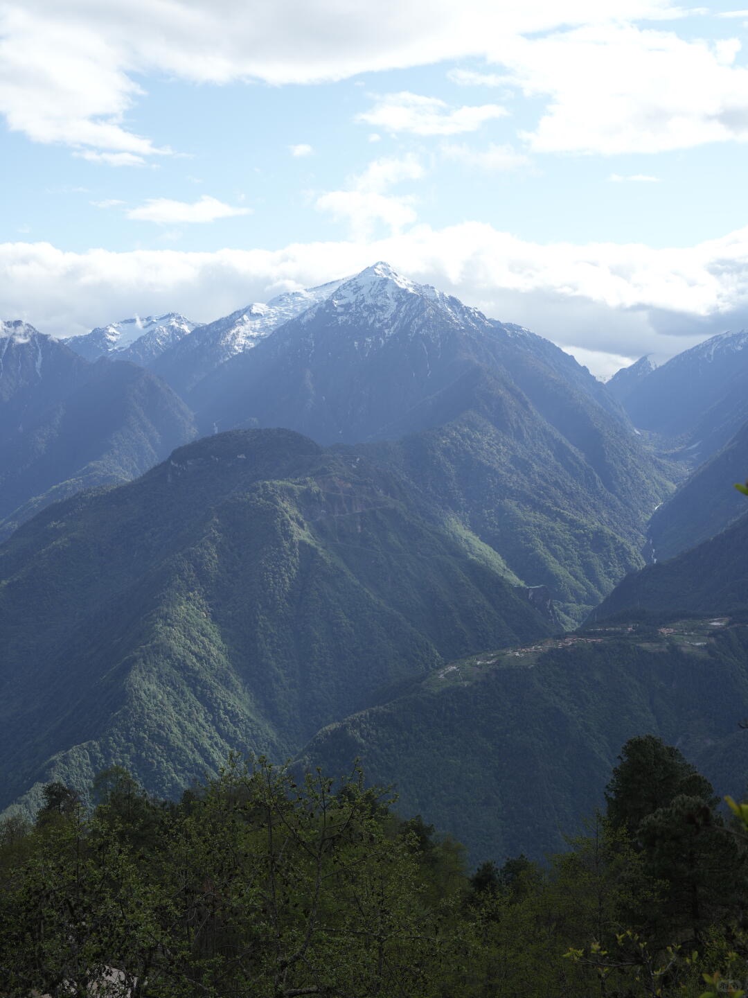 Layered Nujiang ridges receding into distant snow peaks on the Yunnan–Tibet border