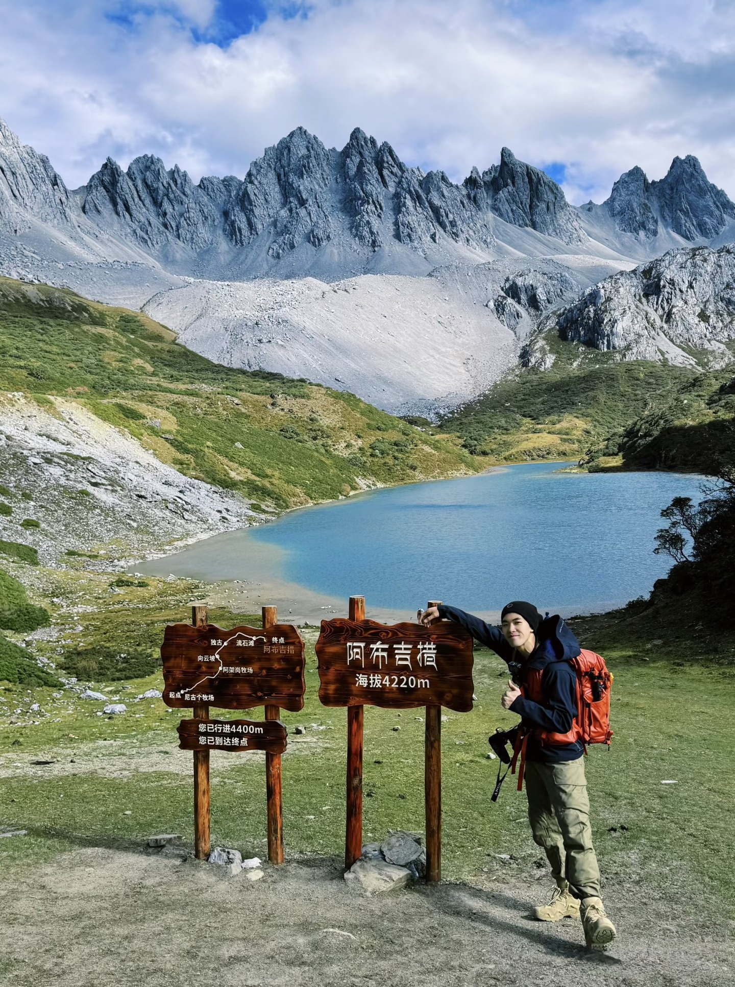 Hiker at the Abujicuo trail's 4,220 m altitude marker on the Shangri-La plateau — China's Last Frontier loop