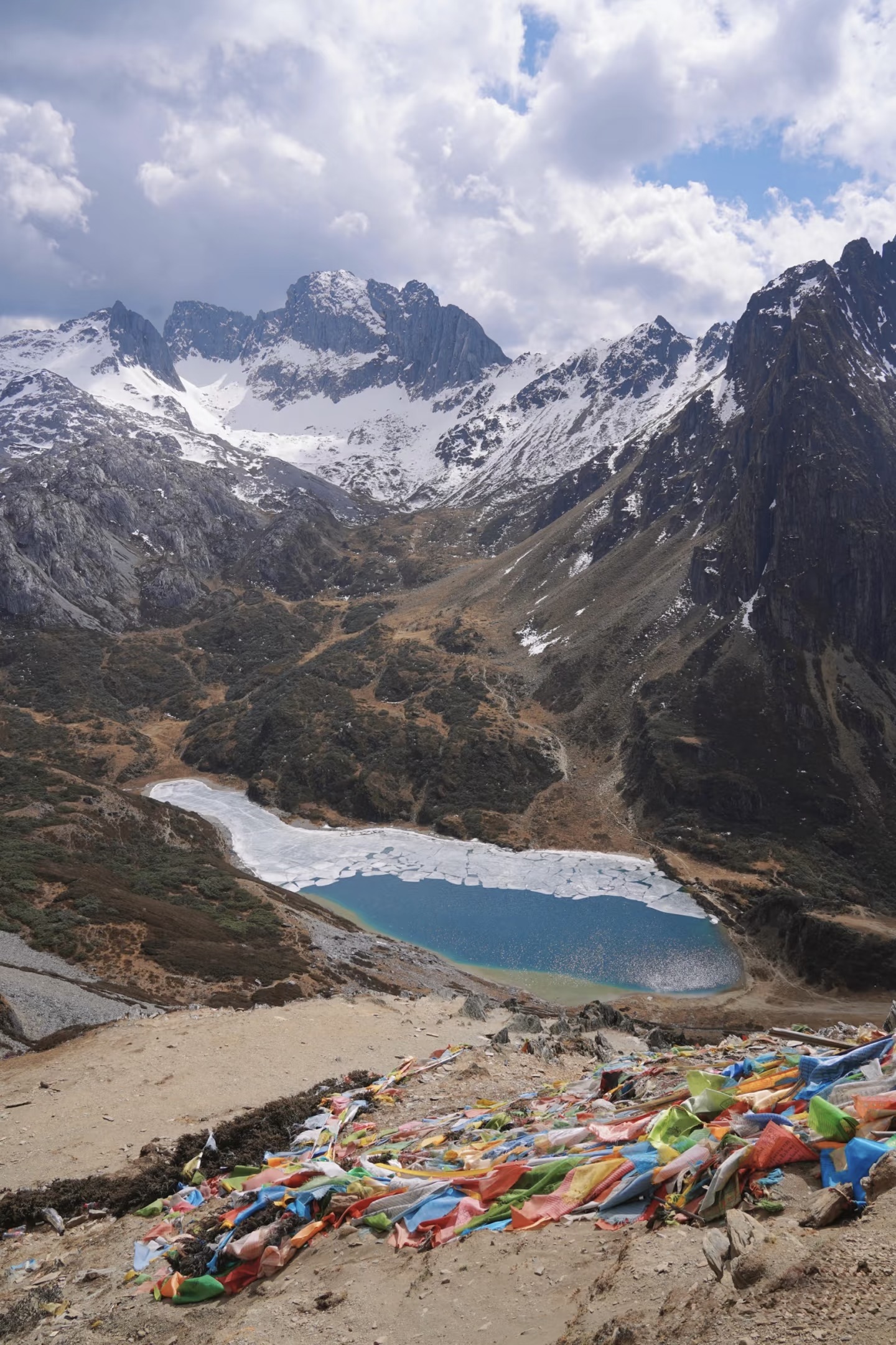 Tibetan prayer flags strung above the deep-blue waters of Abujicuo sacred lake near Shangri-La — China's Last Frontier loop