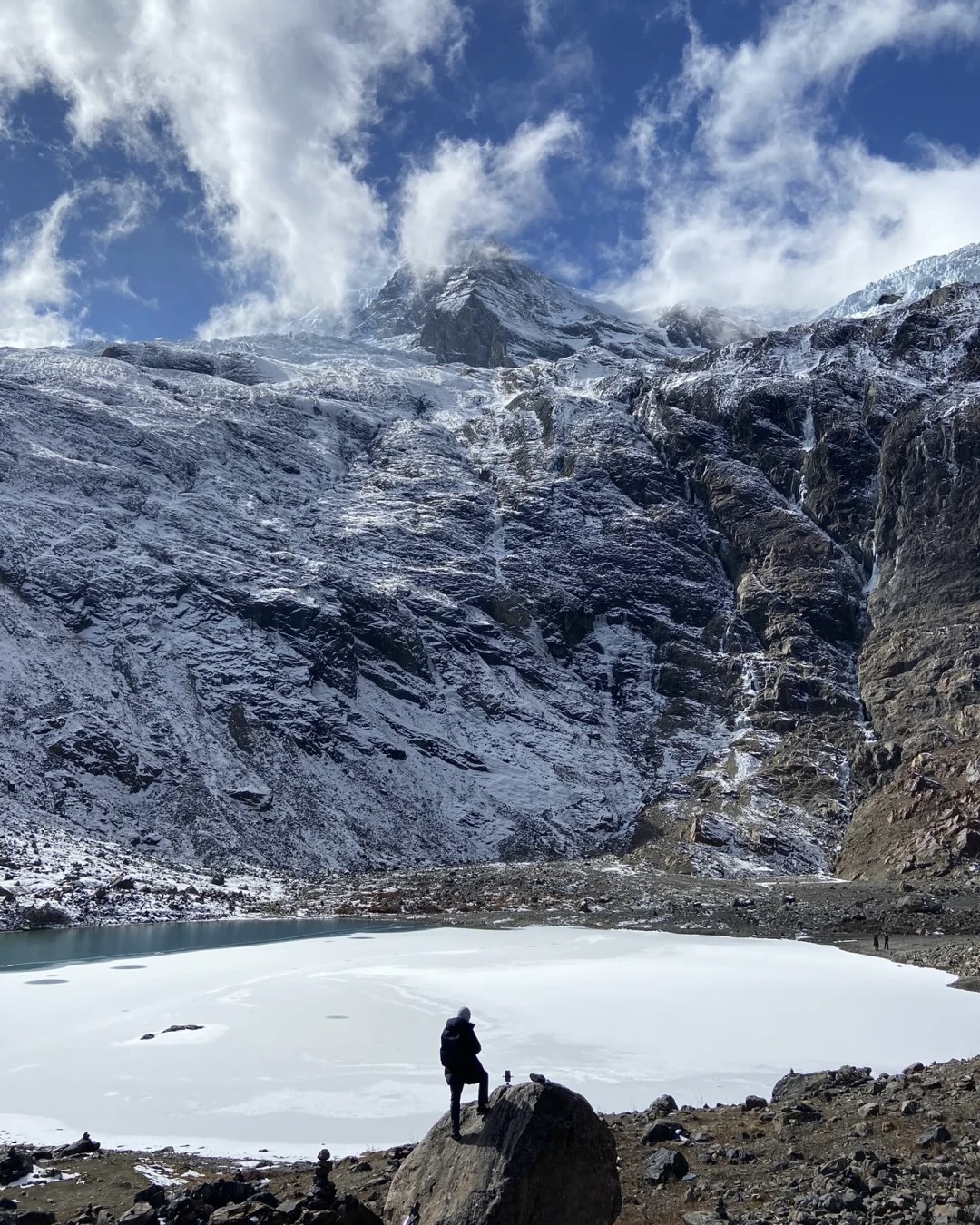 Frozen Ice Lake on the winter Yubeng trek at 3,900 m below Meili Snow Mountain