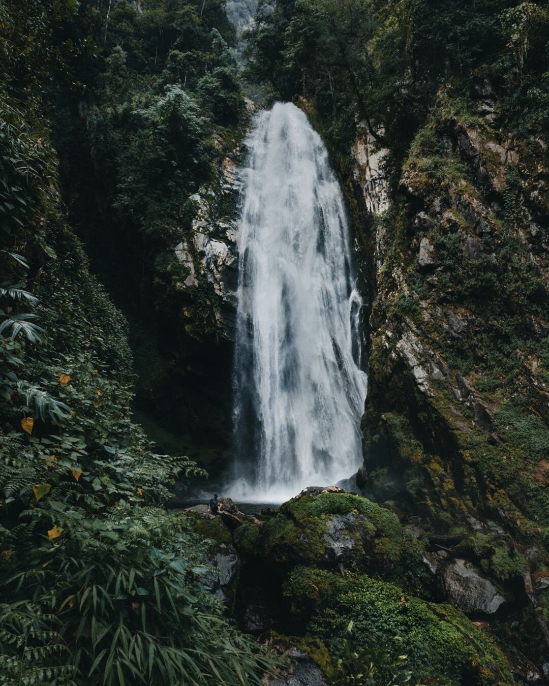 Hikers near a waterfall on the Gaoligongshan trail in west Yunnan