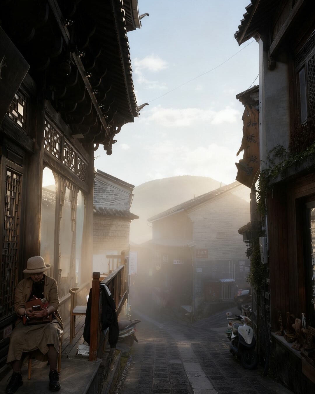 Heshun alley at dawn with a local resident — stone-paved heritage lane