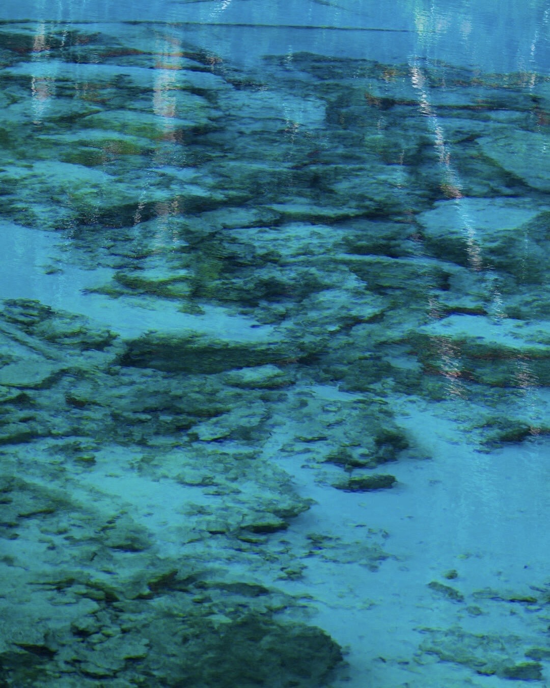 Crystal-clear turquoise water revealing the limestone lake bed in Jiuzhai Valley
