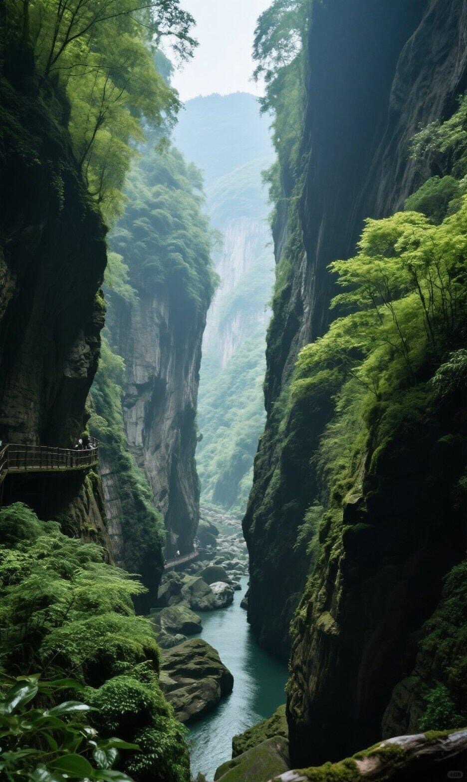 A deep slot gorge in the Wulong karst system — green-walled limestone, a narrow river threading the floor