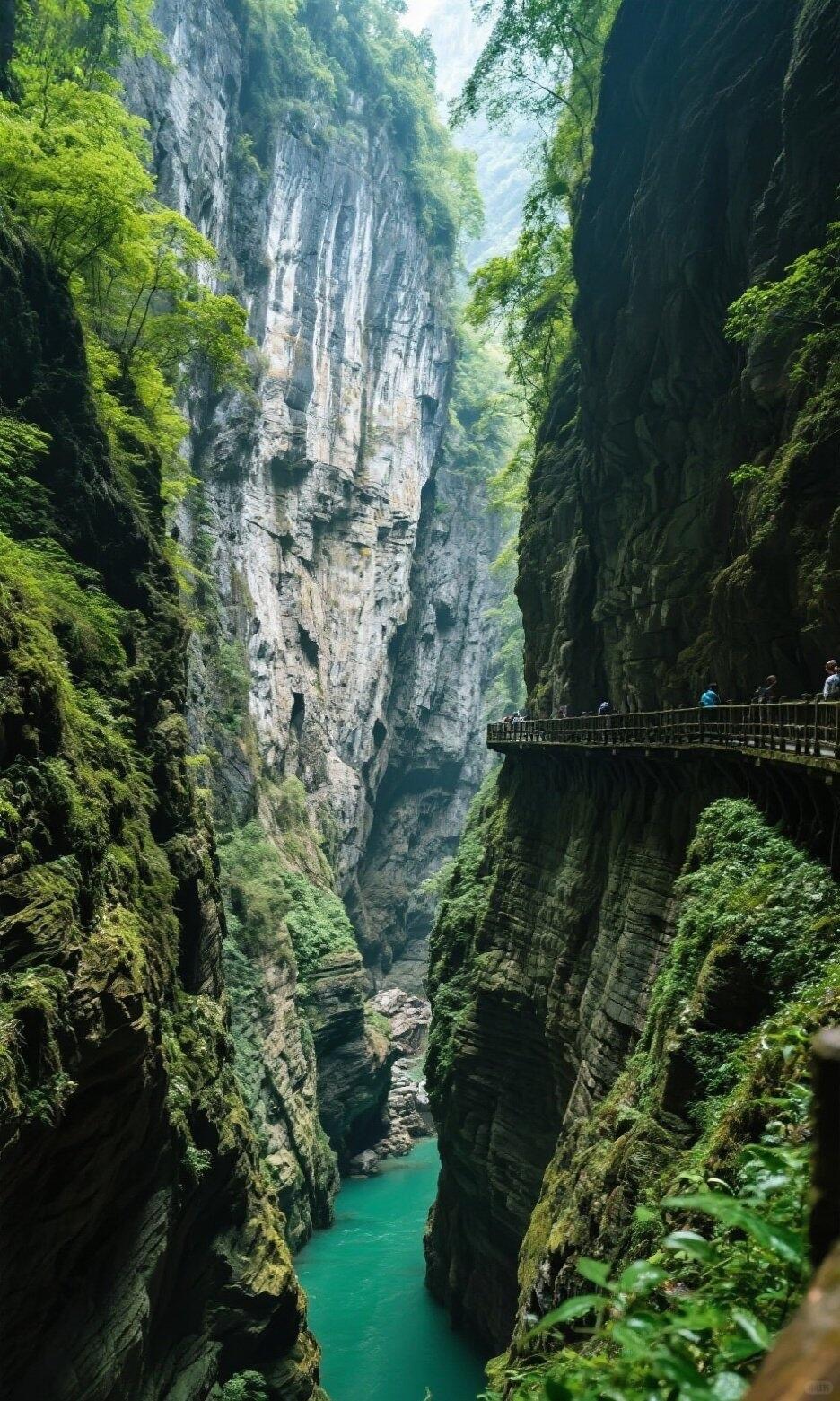 A second Wulong nature frame — limestone walls, water-cut canyon, primeval feel