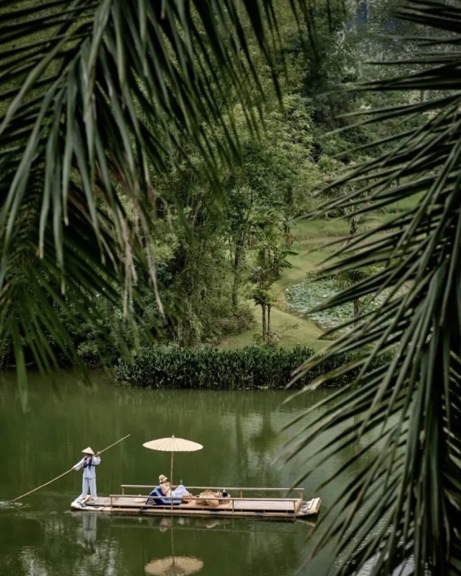 Bamboo raft and palm trees at a Yangshuo boutique resort with karst backdrop — Guilin private tour