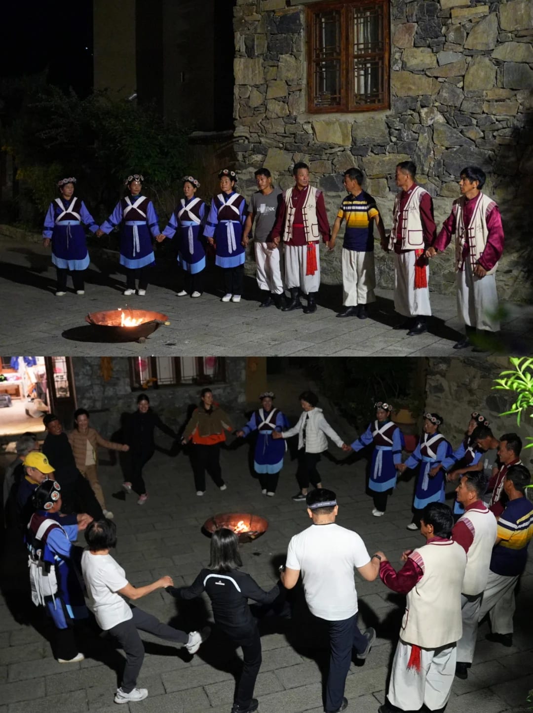 Dancers in Tibetan dress circling a bonfire at night in Tacheng — Shangri-La Wine Journey
