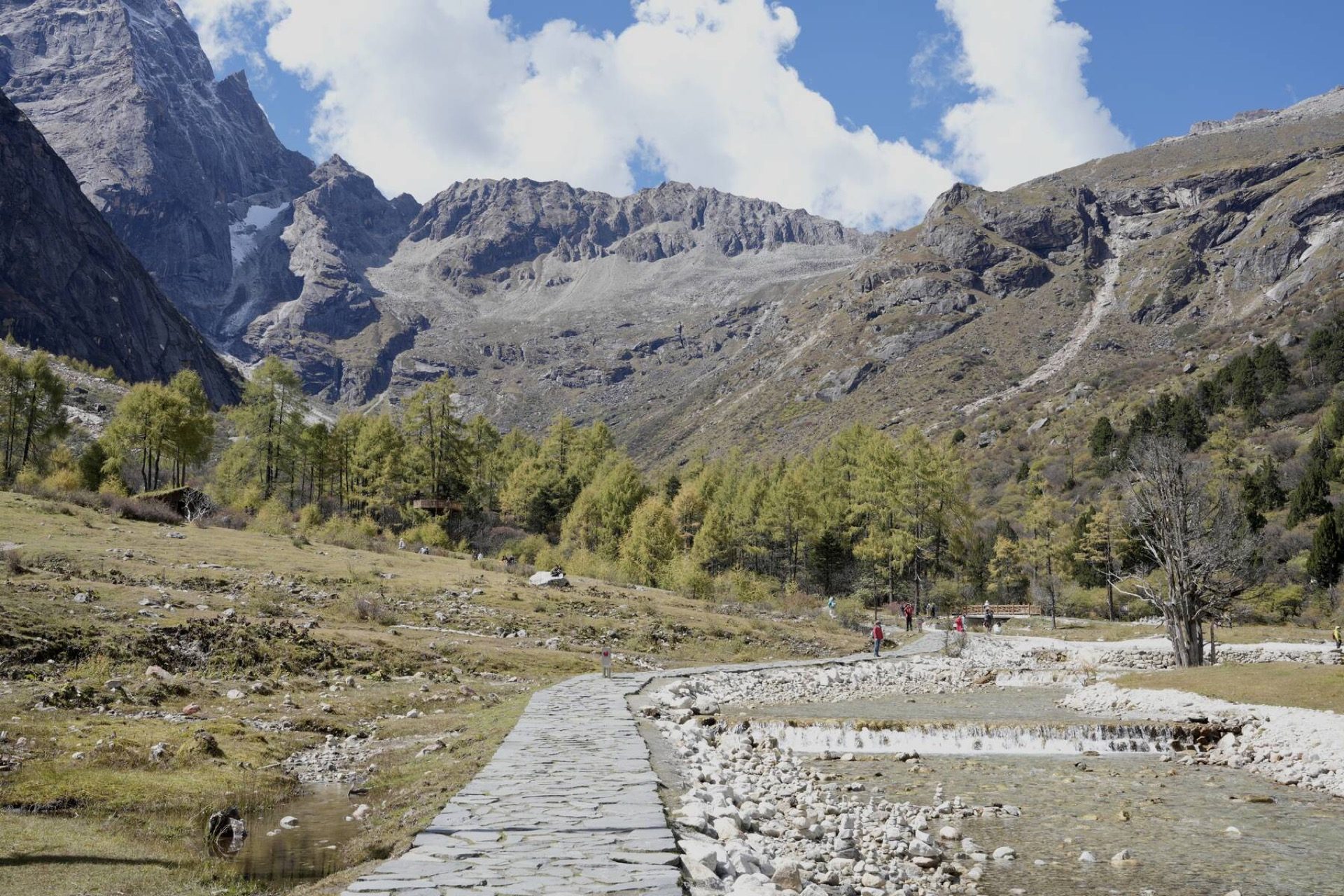 Stone path crossing an alpine meadow in Bipenggou Valley