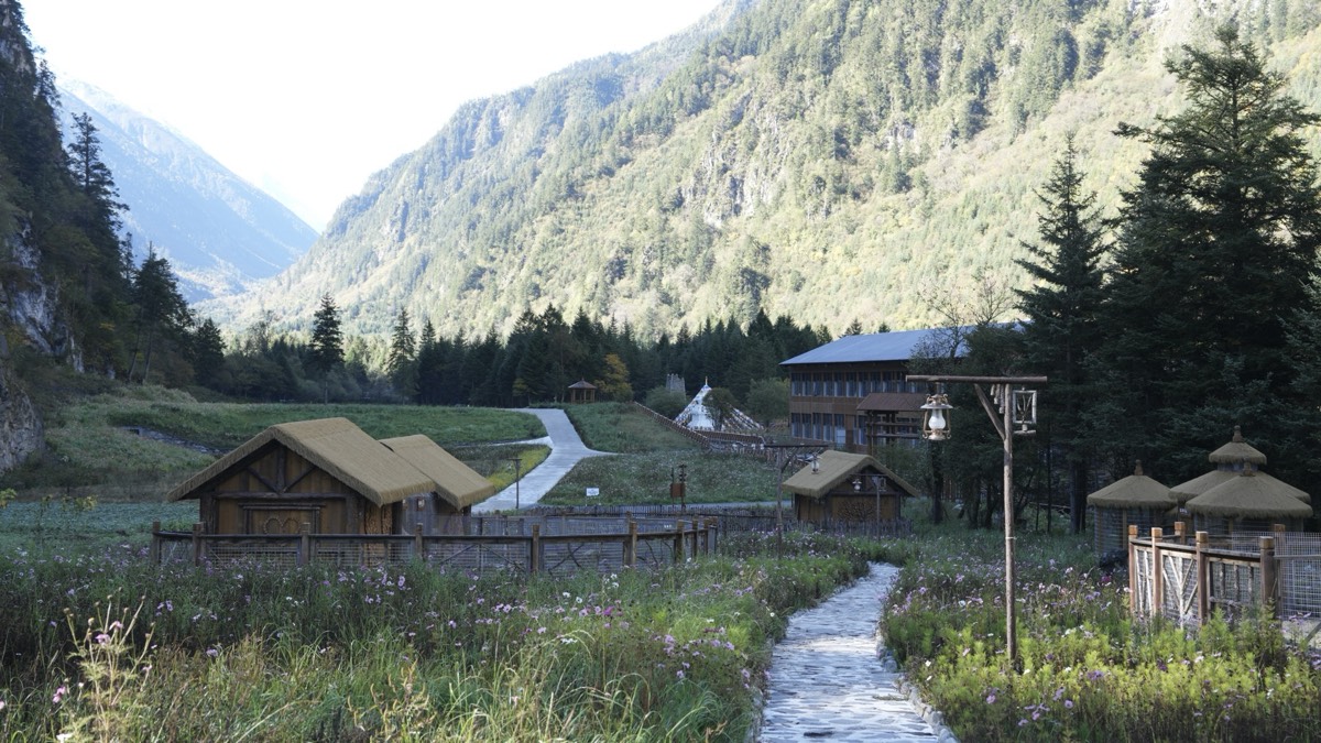Thatched-roof alpine cottages set against Bipenggou's forested valley walls, West Sichuan