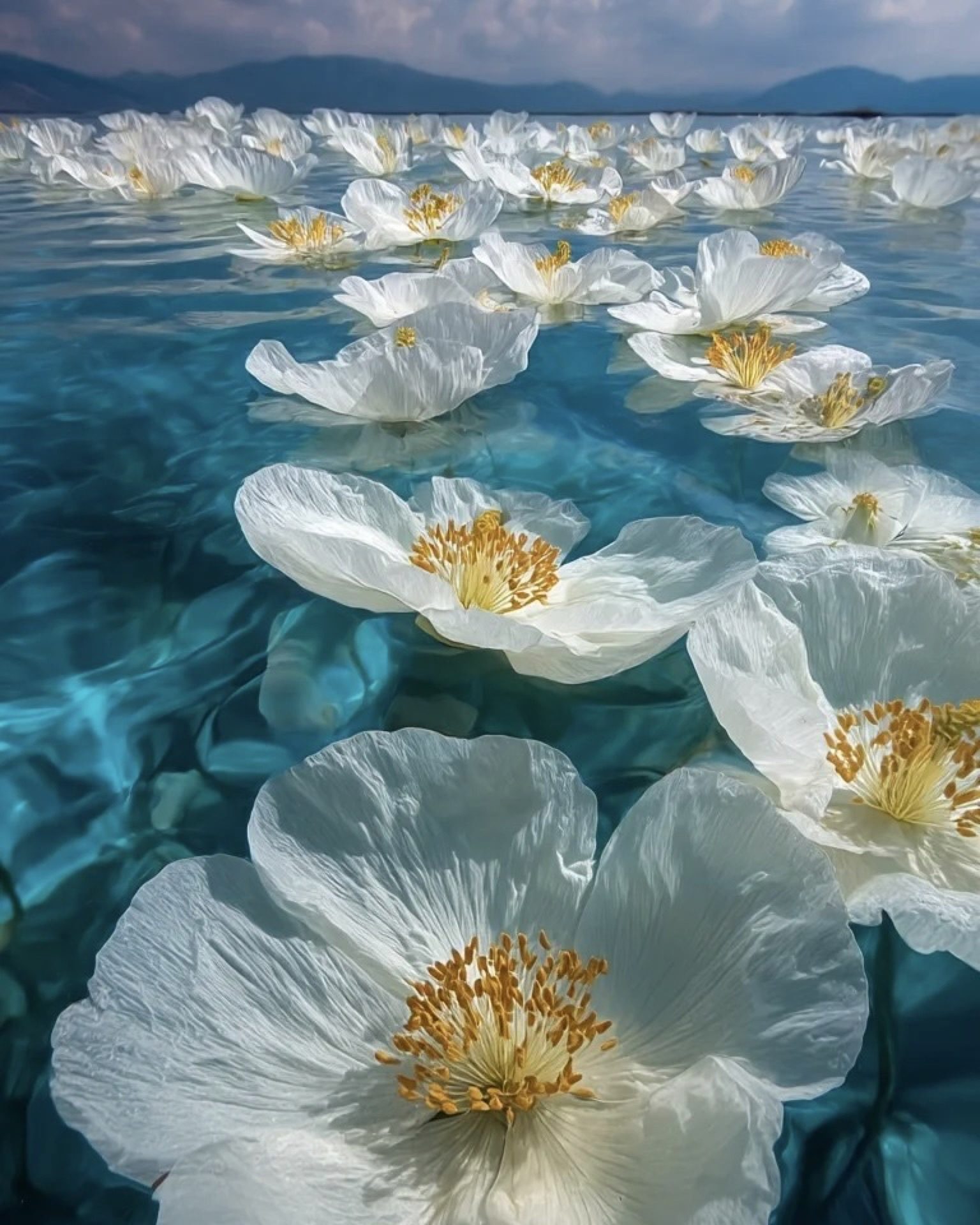 Ottelia flowers blooming across Lashi Lake wetland near Lijiang