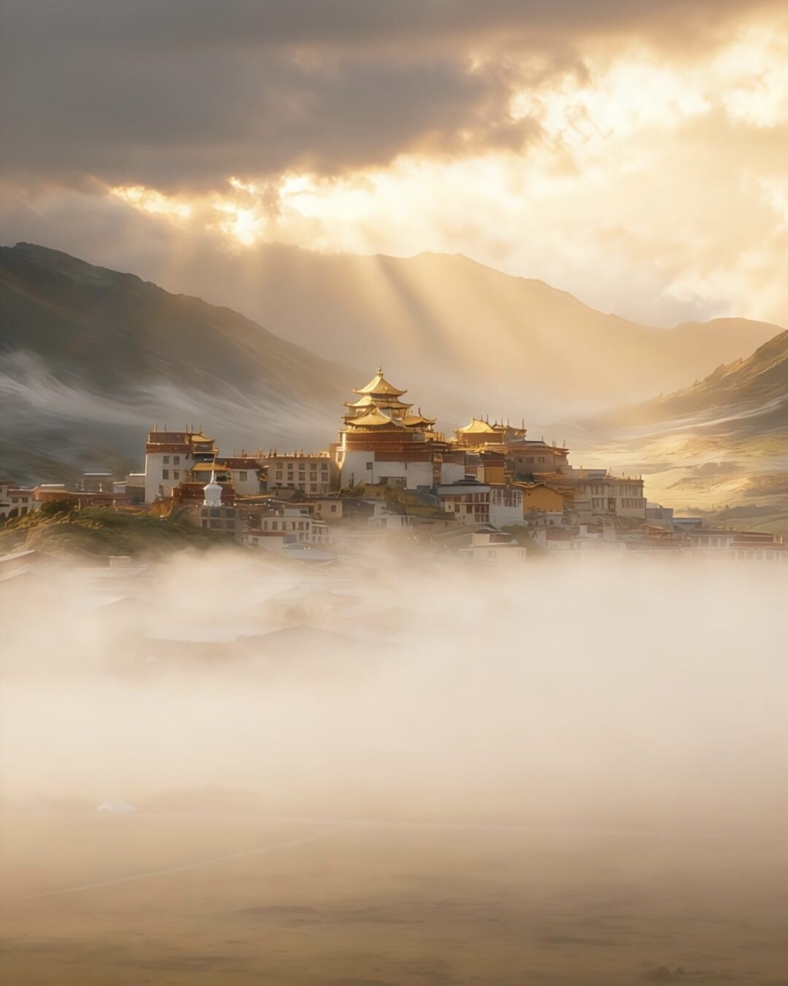 Pilgrims circumambulating the golden-roofed halls of Songzanlin Monastery