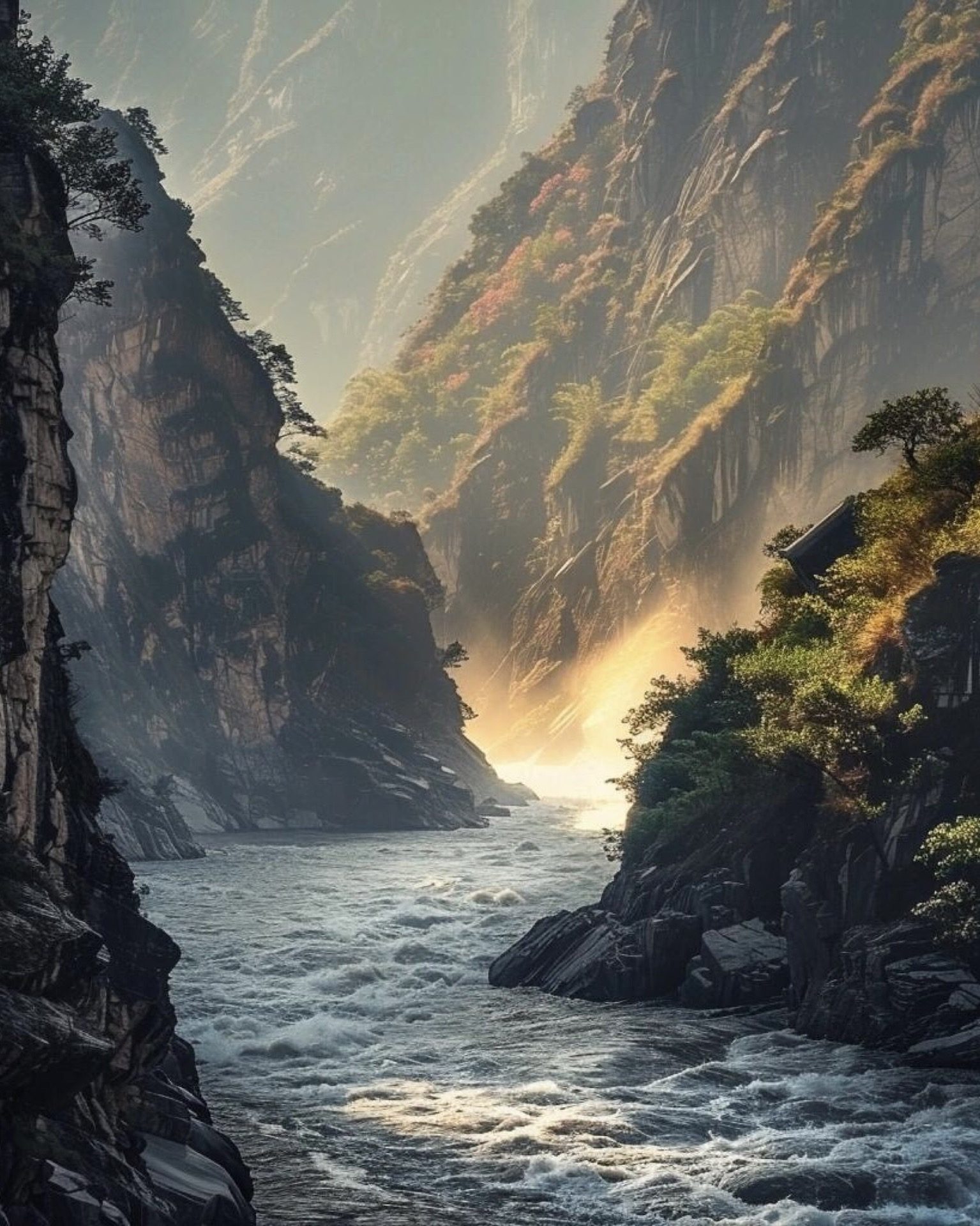 Jinsha River white-water rapids at the base of Tiger Leaping Gorge
