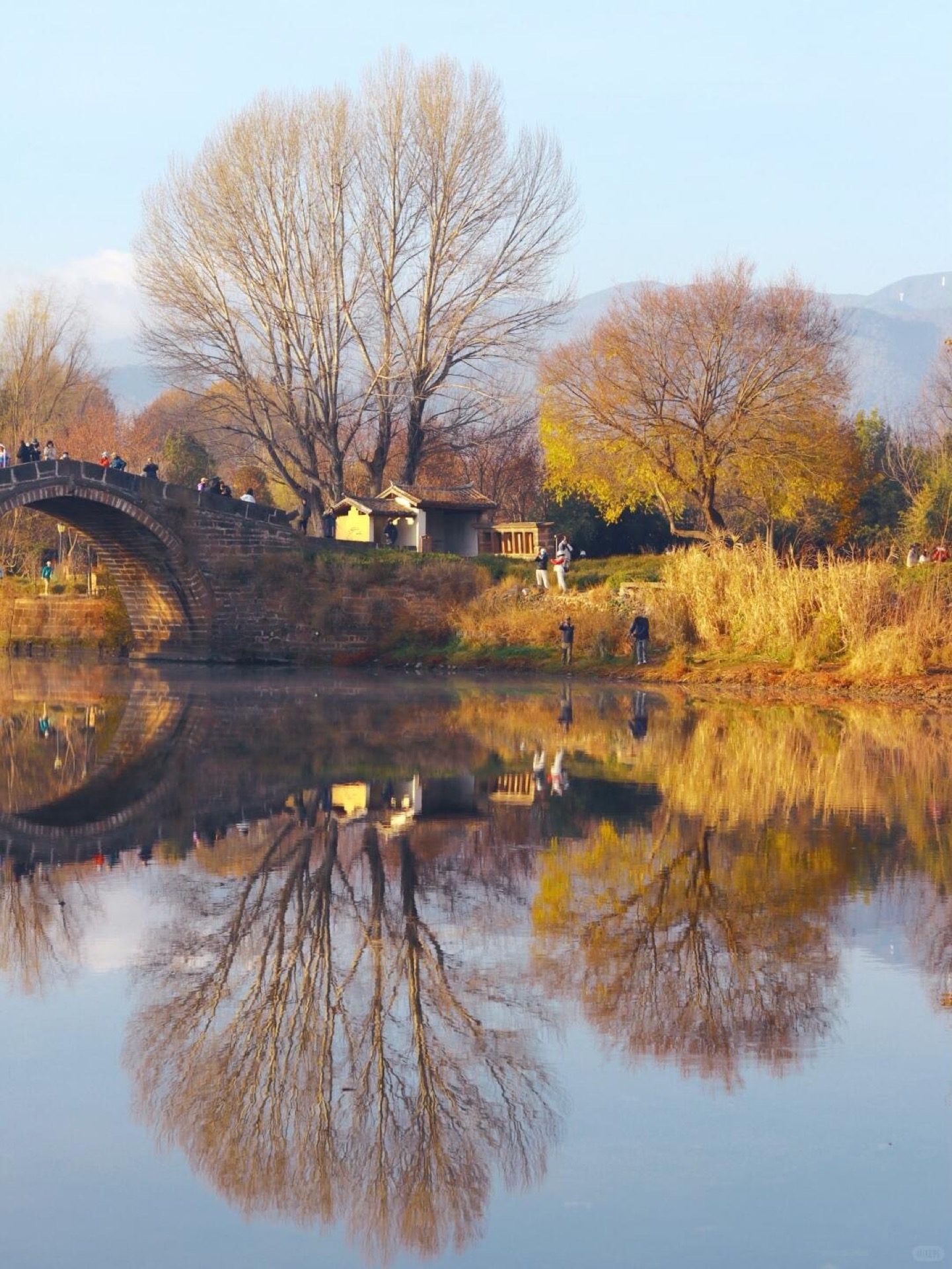 Shaxi winter landscape with bare trees and frost over the Tea Horse Road valley — Yunnan slow culture tour