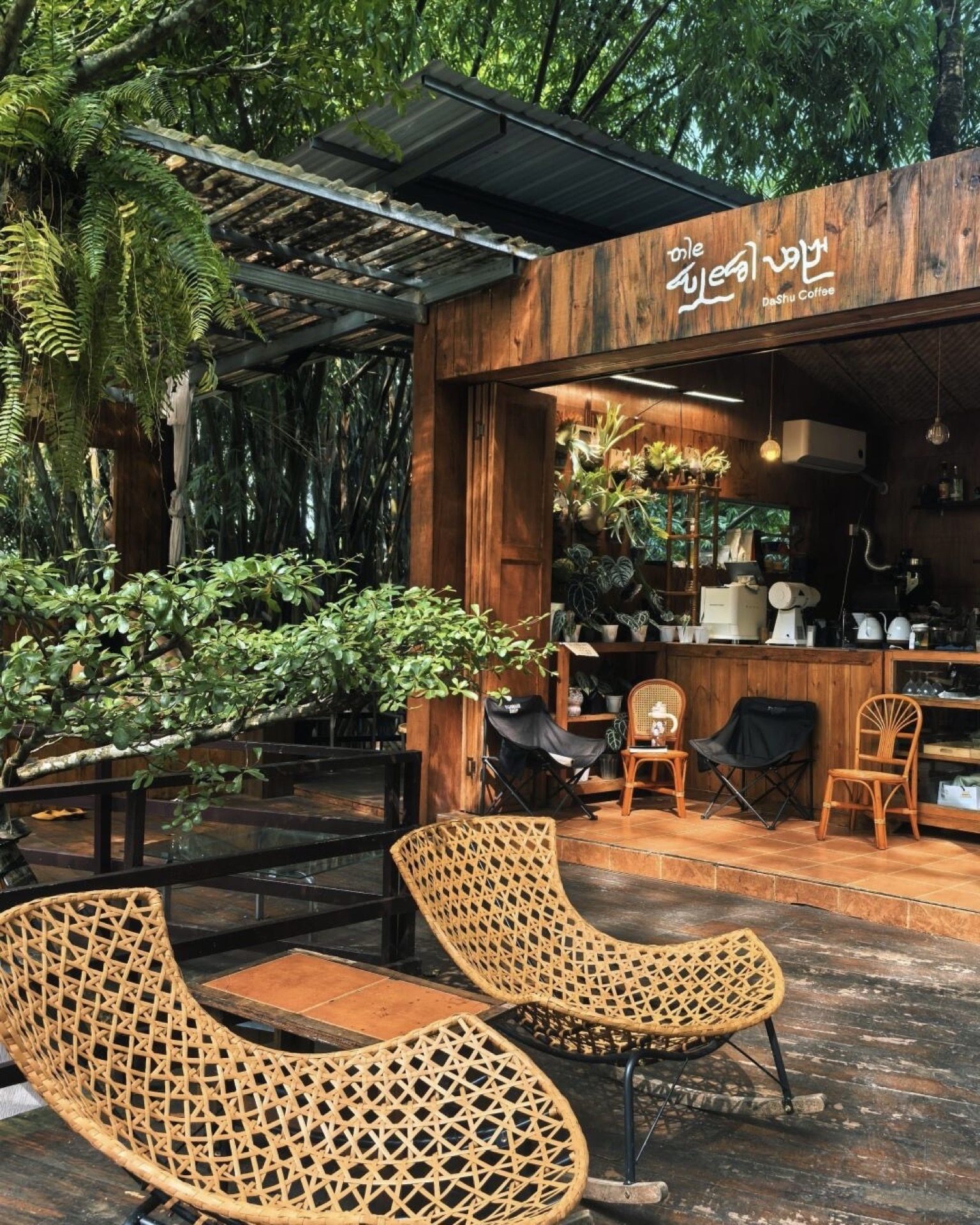 Rattan chairs in a jungle-style café in Mangshi's Dai cultural quarter — Yunnan slow culture tour