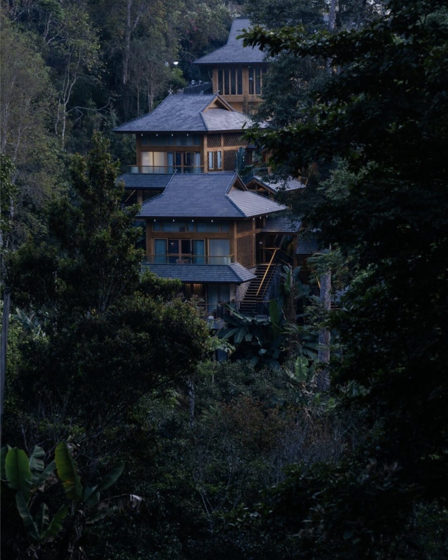 Luxury boutique hotel lit up in the evening mist on Jingmai Mountain — Yunnan tropical tour