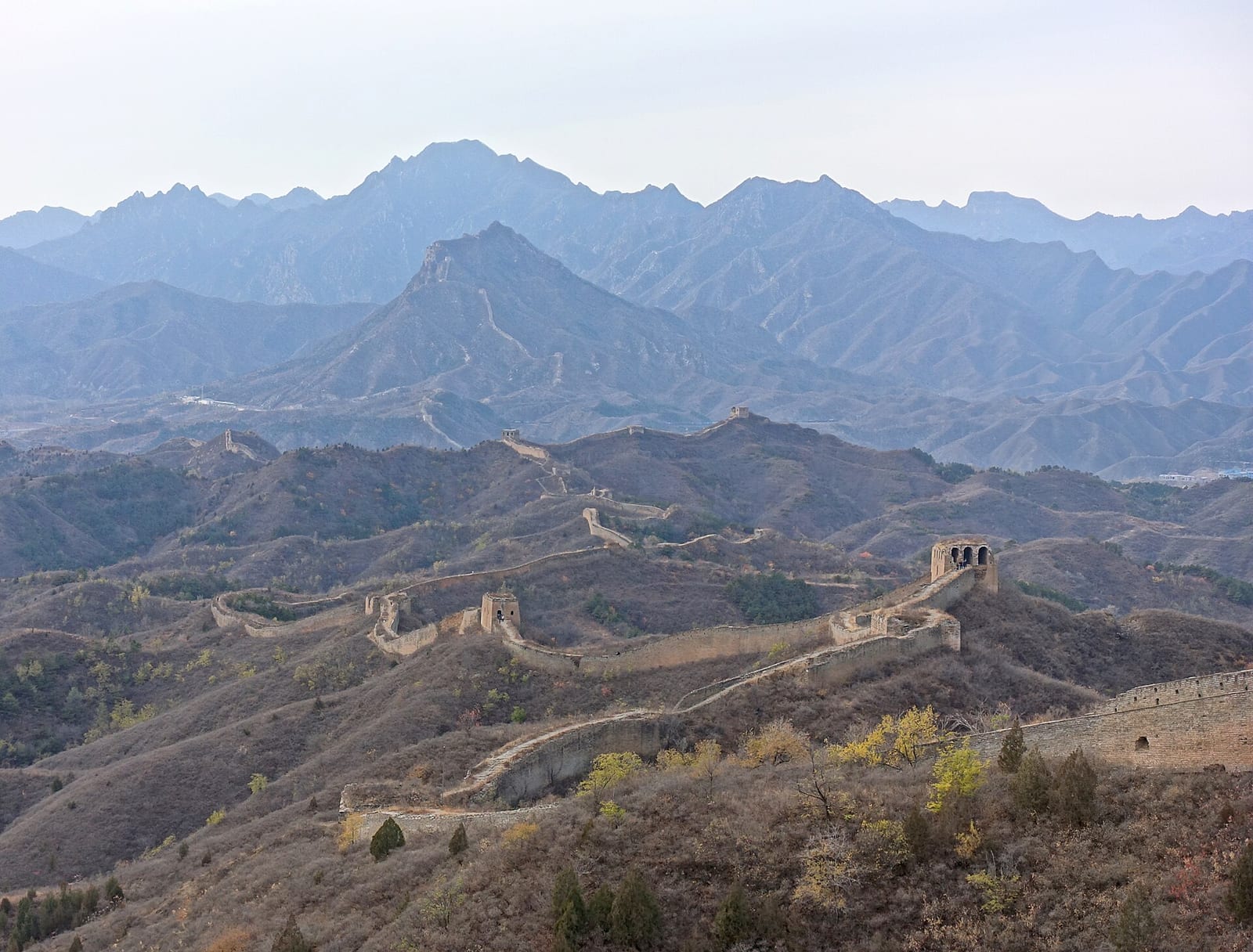 The Gubeikou Great Wall running over bare autumn ridges towards Jinshanling — Wild Great Wall hike