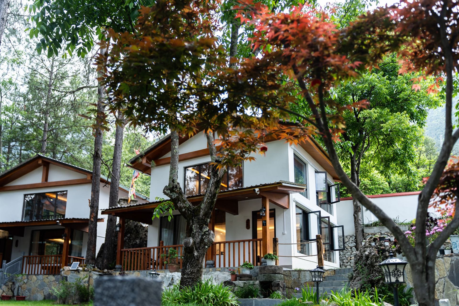 Jilin Mountain Lodge (德钦寂林山居) — the lodge house under a red maple in Chunduole village