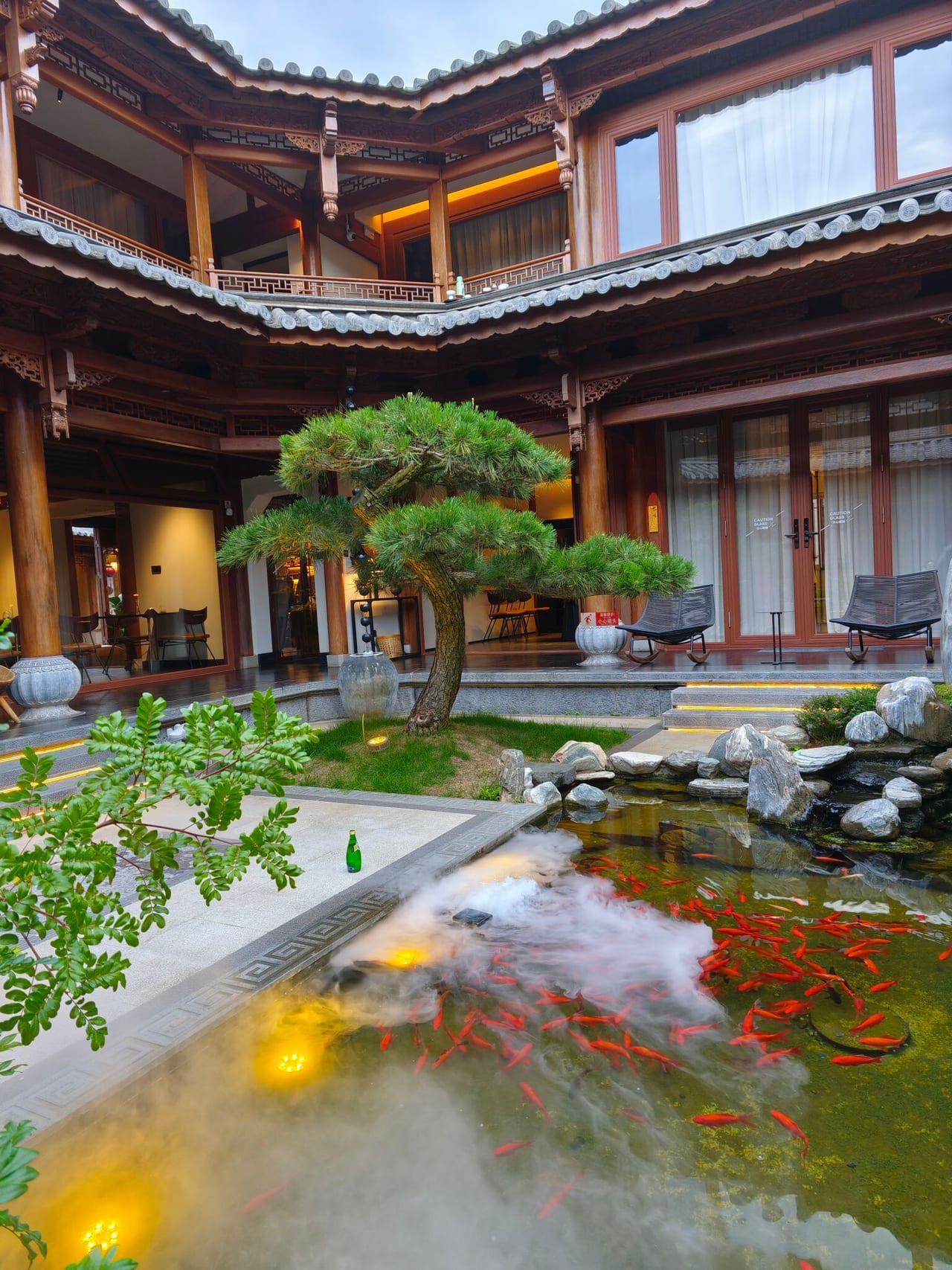 Kogongdi — the koi pond and shaped pine in the courtyard, seen from the gallery