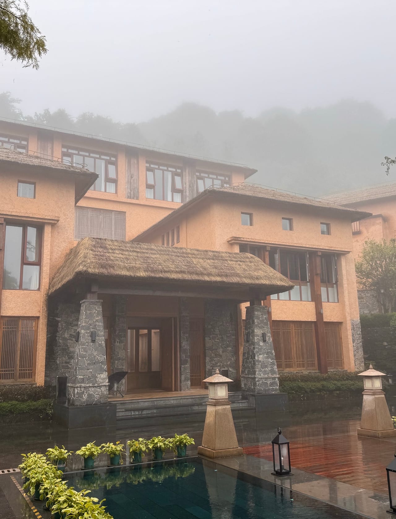 Oness Resort — a thatched pavilion above the pool in morning mist