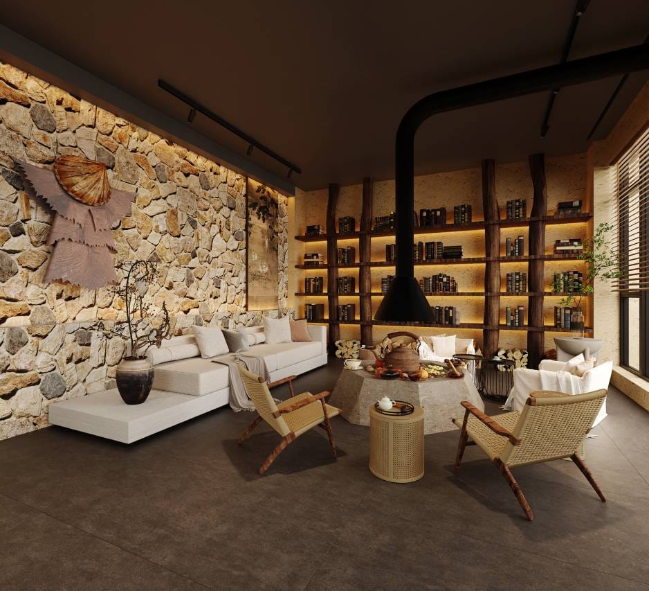 Daotian Lixiang — the newly renovated stone-and-timber lounge and library