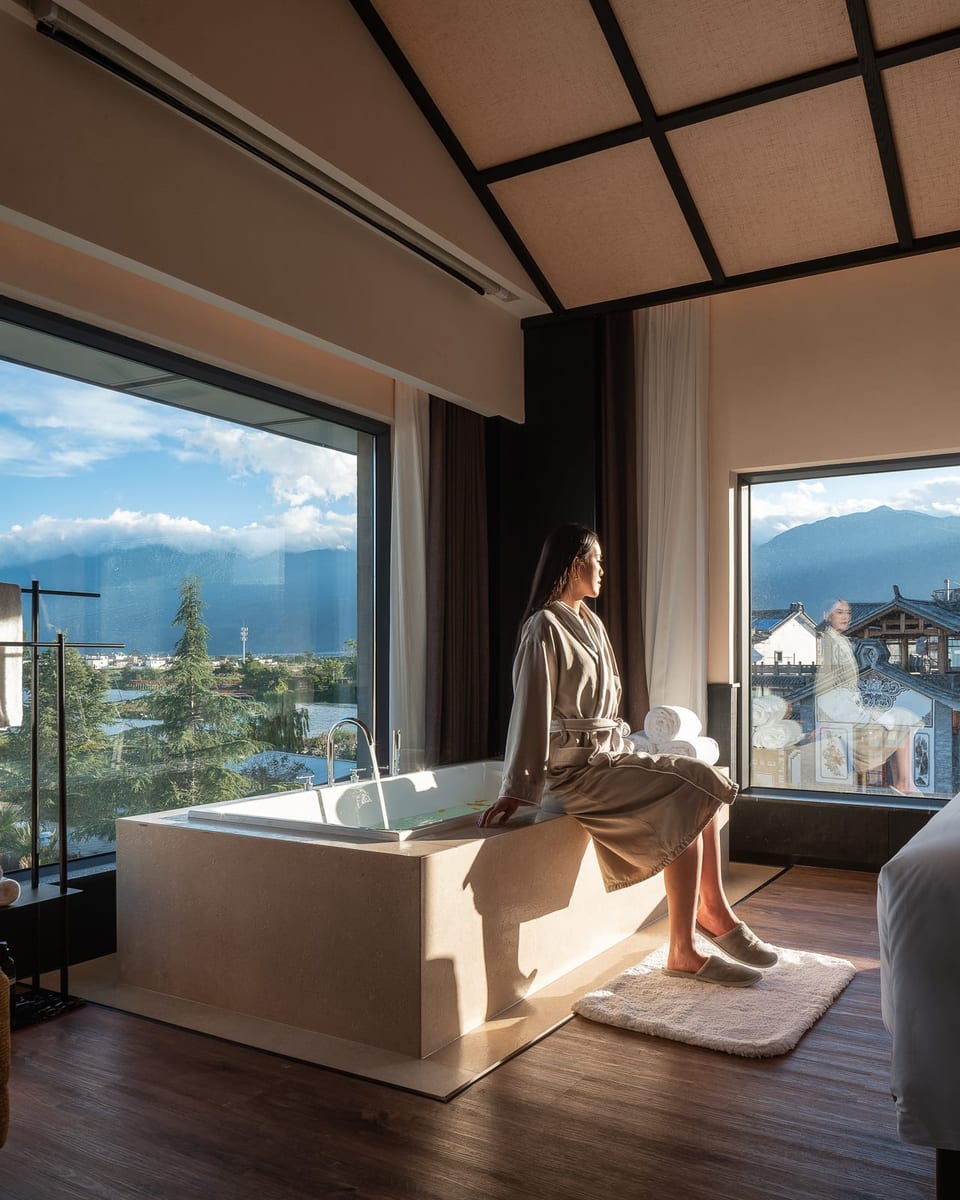 Kasion Erhai — suite with a freestanding tub at the window, facing the Cang Mountains