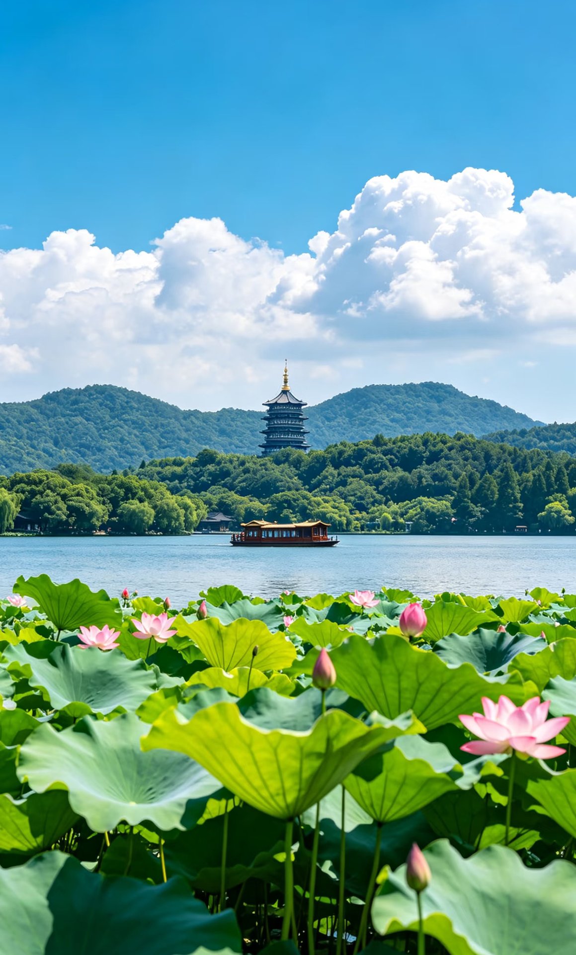 Leifeng Pagoda across West Lake, lotus in the foreground