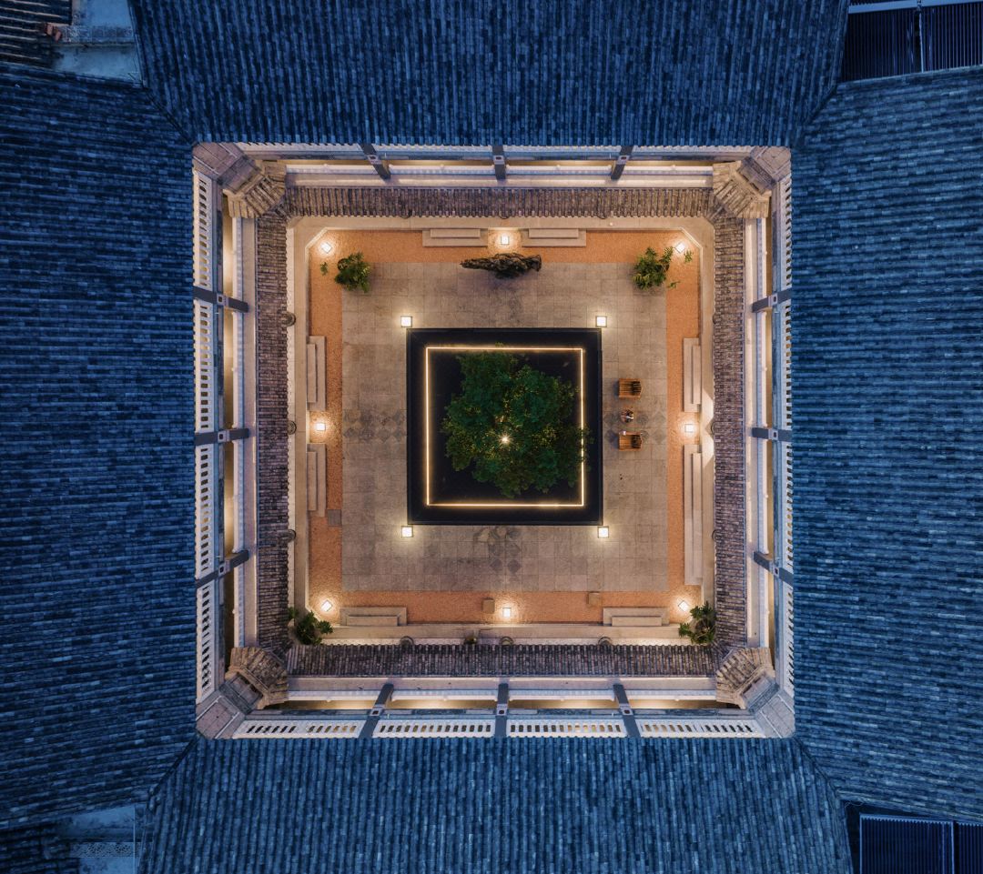Kaichen Hotel — the lit central courtyard from above
