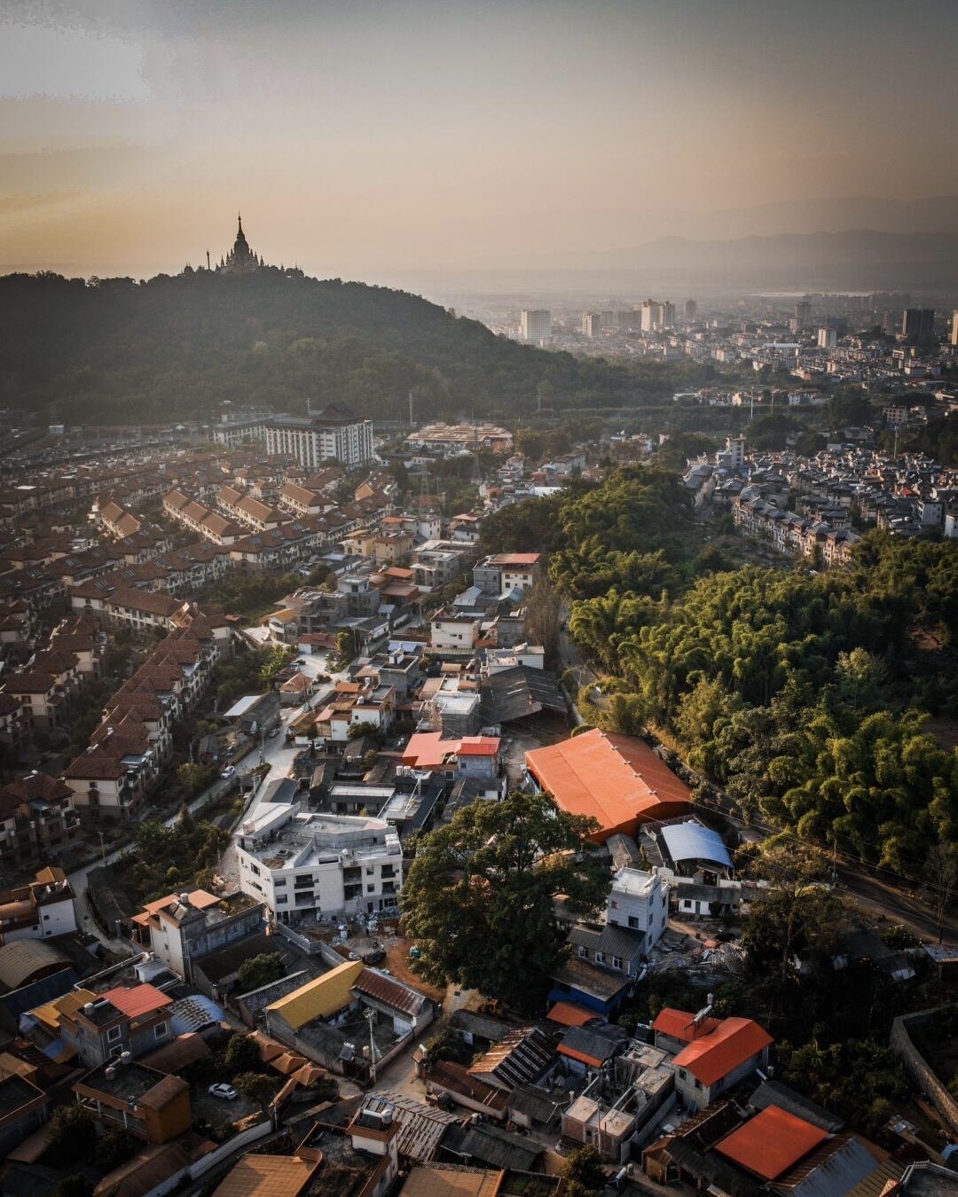 Aerial view of Mangshi at sunrise
